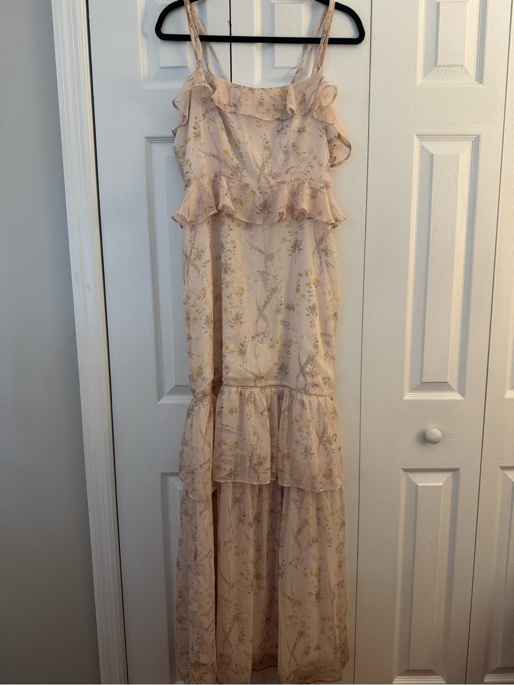 Romantic Cream-Pink Floral Ruffle Maxi Dress
